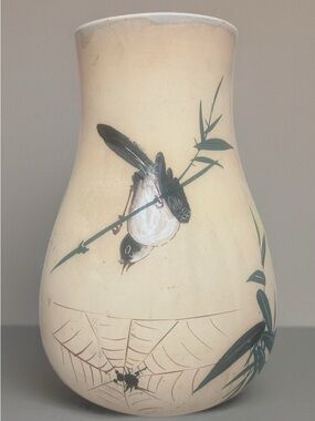 Vintage Japanese Hand-Painted Ceramic Vase with Bird and Bamboo Motif - Cream